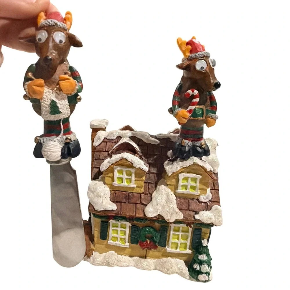 Boston Warehouse Christmas Reindeer Butter Spreaders Cottage Holder Set 2 Brown